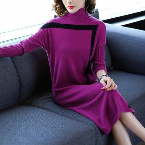 Fall Winter Fashion Womens Turtleneck Patchwork Knit Sweater Dress , Loose Long Knitted Pullover Dresses Sweaters for Woman