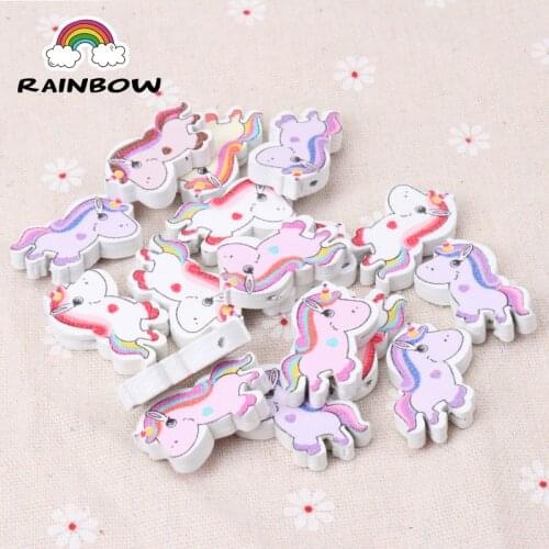 Mix Colors Unicorn Shape Licorne Pattern Wooden Spacer Beads For Jewelry making DIY 20pcs 30x18mm