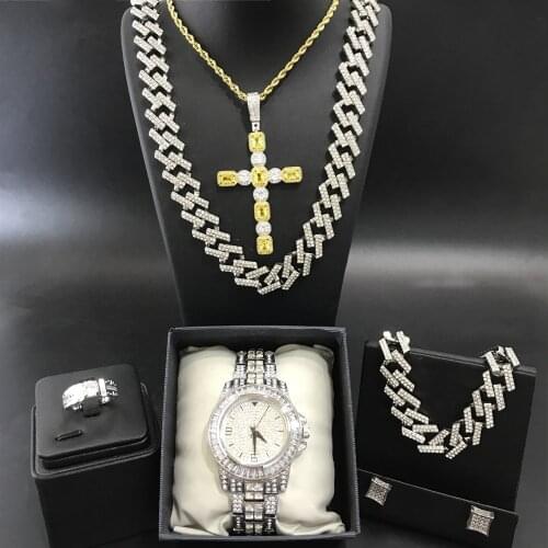 Luxury Men Silver Color Watch & Neckalce & Braclete & Ring & Earrings Combo Set Ice Out Cuban Jewerly Neckalce Hip Hop For Men