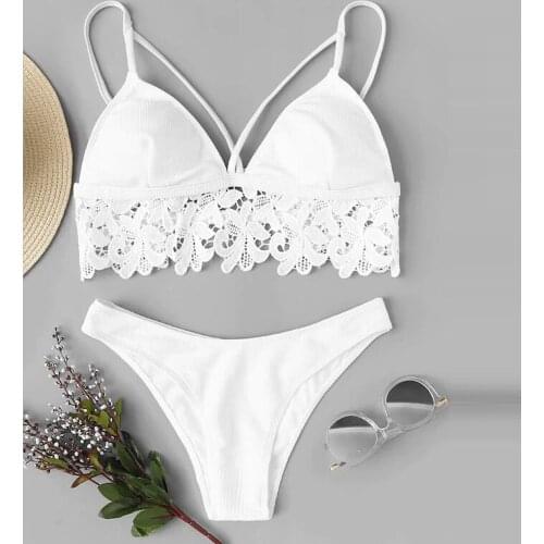 Sexy Swimsuit Womens Fashion Lace up Crisscross Bikini set Solid Color Sexy Hanging Neck Split Bikini Swimsuit Swimming Suit