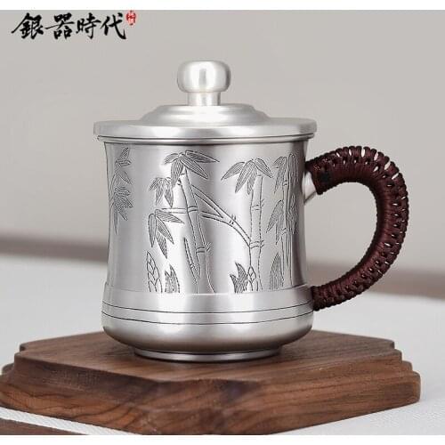Silver age silver cup 999 sterling silver hand carve engraves home big thick tea urn gift silver tea mug