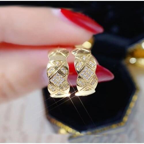 Exquisite Elegant Stud Earrings Geometric Plaid Pattern With Shiny Small Zircon Minimalism Gold Jewelry For Women Wedding Party