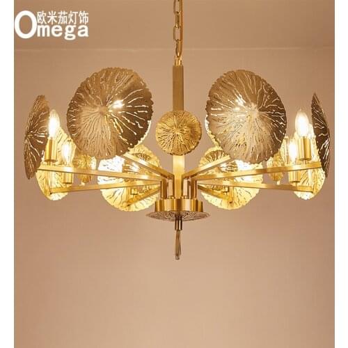 Nordic post-modern copper chandelier creative copper leaf living room dining room bedroom study villa showroom high-end lamps