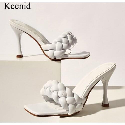Kcenid 2022 New Women Summer Slides High Quality Weave Open Toe High Heels Casual Slipper Leisure Sandal Female Beach Flip Flops
