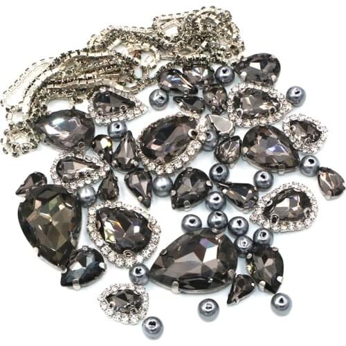 Party DIY Grey Teardrop Mix Size Glass Crystal Stones Pearl Beads Cup Chain Rim Sliver Claw Rhinestones For Clothing/Dress/Shoes