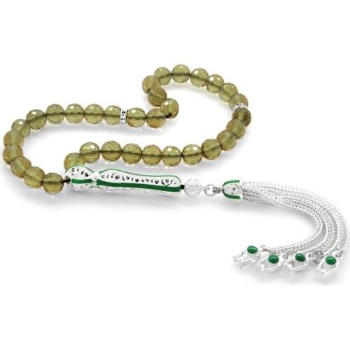 Tesbihane Alpaka Tassels Green Enamel Globe Cut Zultanite Rosary