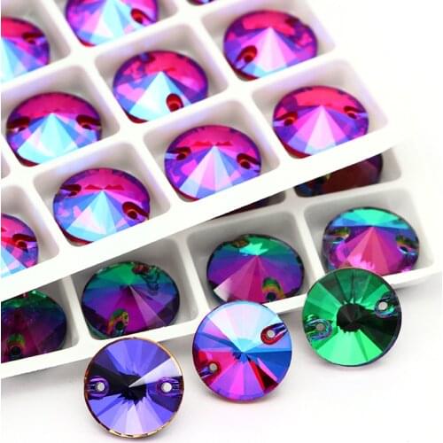 XIAOPU Magical Shimmer Shiny Round K9 Glass Rivoli Sew on Rhinestones Flat Back Strass Crystal Buttons Sew on Clothing Crafts
