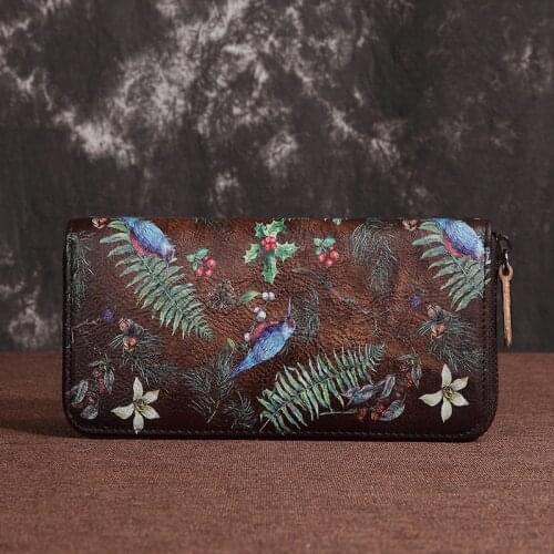 Wallets ID Credit Cards Women Long Wrist Bags Retro Money Clips Cash Coin Floral Genuine Leather Female Purse Clutch Zipper Bag