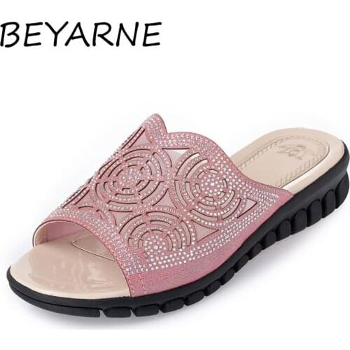 BEYARNE 2020 summer fashion woman slippers bling plus size 41 42 43 sandals silver rhinestone wedge flip flops women
