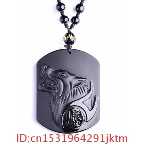 Women Charm Natural Jewelry Obsidian Gifts Chinese Fashion Necklace Jade Head Amulet Wolf Beads Pendant Black for