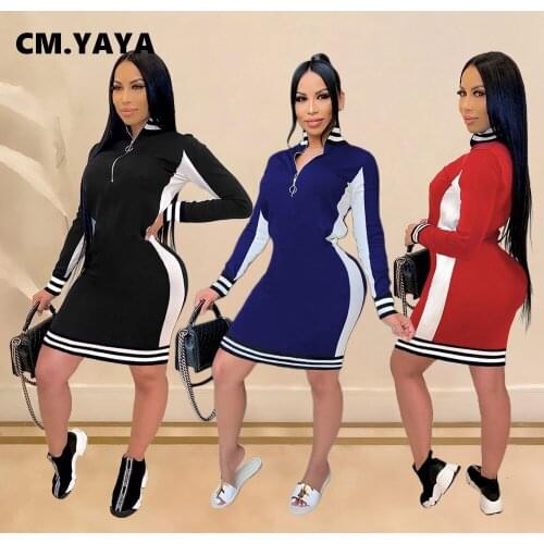 CM.YAYA Active Patchwork Midi Bodycon Dress for Women Streetwear Long Sleeve Zipper Up Dresses Pencil Vestido fall winter