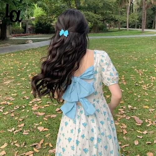 Luck A Sweet Floral Print Dress Elegant Kawali Bow Backless Casual Midi Dress Designer Vintage Holiday Party Dress Summer 2021