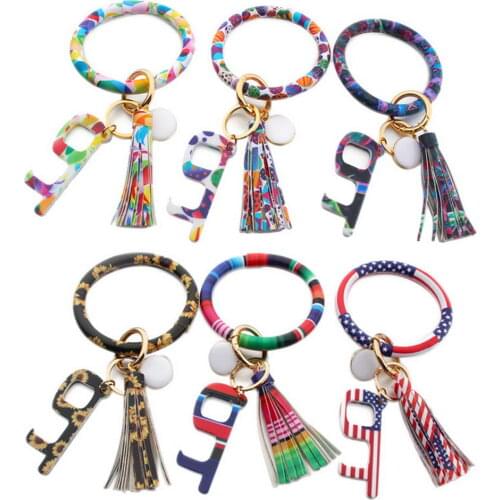 ZWPON Acrylic Door Opener Wristlet Keychain for Women PU Leather O Keyring Tassel Circle Key Chain Large Round Bangles Leopard