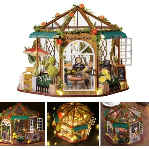 1/24 DIY Miniature Doll House Wooden Coffee Shop with Furniture, LED Light Christmas Gifts