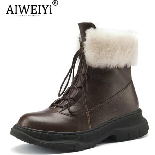 AIWEIYi Flat Shoes Ankle Boots Black Brown Genuine Leather Shoes Wool Fur Lace Up Warm Winter Martin Boots