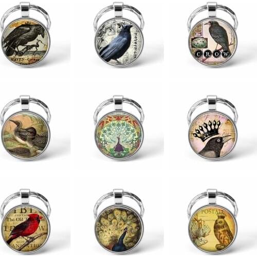 Bird Keychain Crow Robin Hummingbird Glass Cabochon Pendant Bird Jewelry Silver Plated Metal Key Chain Birthday Gift for Friends