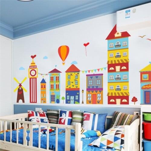 Colorful building windmill hot air balloon wall stickers for kids rooms nursery home decor cartoon wall decals pvc mural art