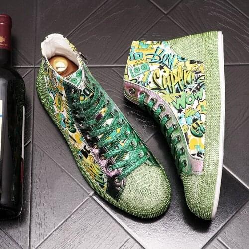 ERRFC Trend Of Men Green Casual Shoes Fashion Rhinestone Lace Up Round Toe High Top Flat Platform Silver Younger Trending Shoes