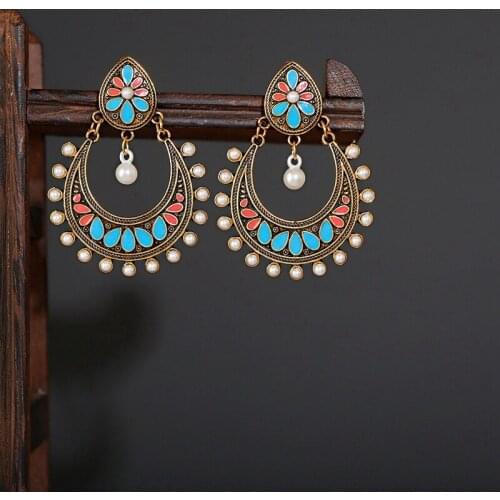 Ethnic Big Flower Water Drop Indian Earrings Pendient Womens Bohemian Retro Gold Pearl Beads Earrings Oorbellen