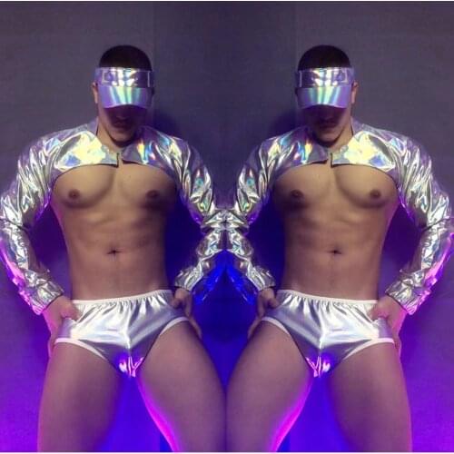 European Nightclub Bar Sexy Gogo Costume Muscle Man Party Rave Show DJ Pole Dancing Silver Laser Tops Shorts Outfits Stage Wear