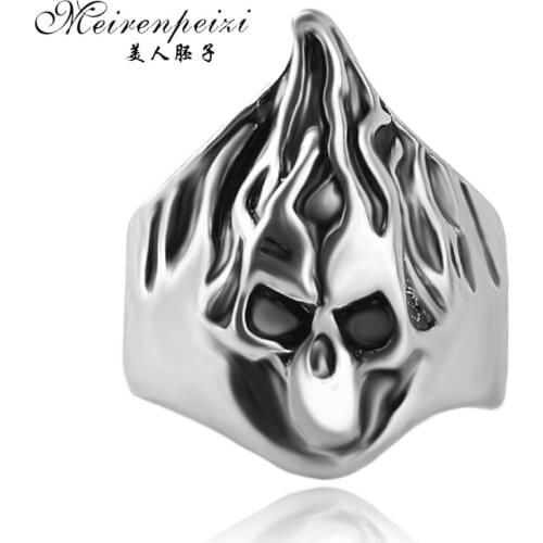 Rock Roll Silver Plated Gothic Flame Punk Skull Rotating Bikers Rings Mens & Boys Skeleton Jewelry Ring Size 8-11