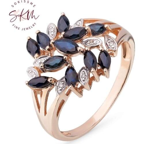 SKM solid 14k Rose gold Sapphire Flower rings for women Engagement Rings trendy Anniversary Luxury Fine Jewelry
