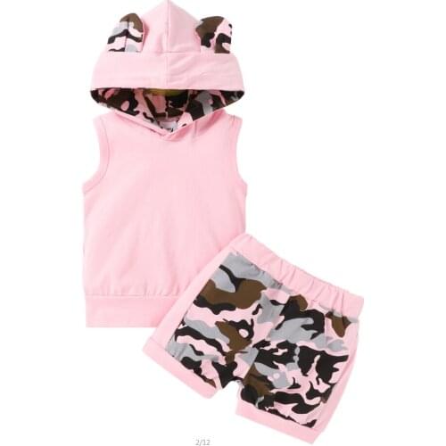 0-24M Baby Girls Two-piece Clothes Set Pink Camouflage Printed Pattern Hooded Tops + Shorts