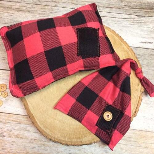 Korean Newborn Clothing Set Infant Black Red Plaid Printing Hat Pants Pillow Knitting Outfits Baby Costume Photography Props