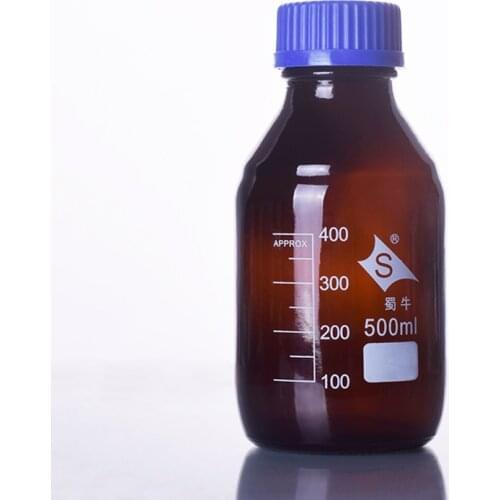 Brown reagent bottle,With blue screw cover,Normal glass,Capacity 500ml,Graduation Sample Vials Plastic Lid