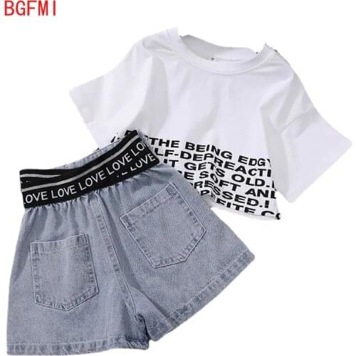 Teenager Girls Letter Suit Summer New Korean Childrens Baby Fashion Jeans Crop Top + High Waist Soft Denim Thin Two-piece Suit