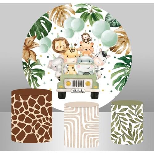 Circle Round Backdrop Cover Jungle Safari Party Baby Shower Photo Background for Boy 1st Birthday Party Decor Animals Banner