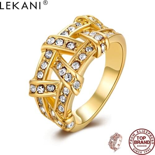 LEKANI Fashion Jewelry For Women Geometric Weaving Design Rings White Crystal Female Ring Gift To Girlfriend Present On Sale