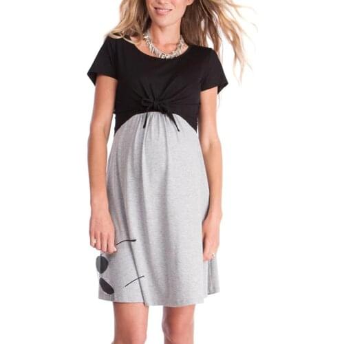 Summer Short-Sleeved Color Matching Maternity Dress Mid-Length Dress Maternity Home Service Breastfeeding Lace-Up Nursing Suit