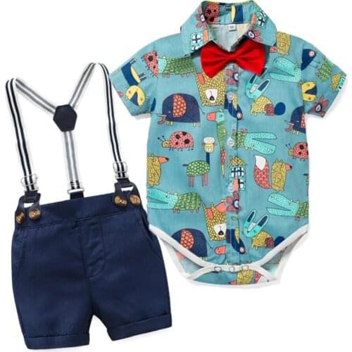 Baby Boy Summer Clothes Infant Bow Suit 2021 New Arrival Children Rompers Set Cute Print Shirt+Shorts Boys Outfit 3 to 24 Months