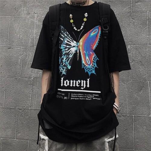 Hip Hop Hight Street Summer Vintage Butterfly Print Couples All-Match Harajuku Kpop Clothes Youthful Vitality Loose Streetwear