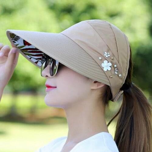 MnoeRffi Wide Brim Beach Hat 1pc Women Sun Hats For Summer Pearl Packable UV Protection Female Caps Sun Visor Hat With Big Heads