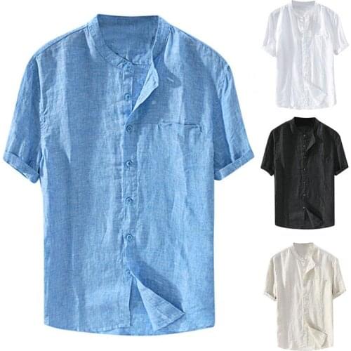2021 Fashion Men‘s Short Sleeve Men Shirt Solid Color Stand Collar Summer Loose Single-breasted Top for School Shirts for Men
