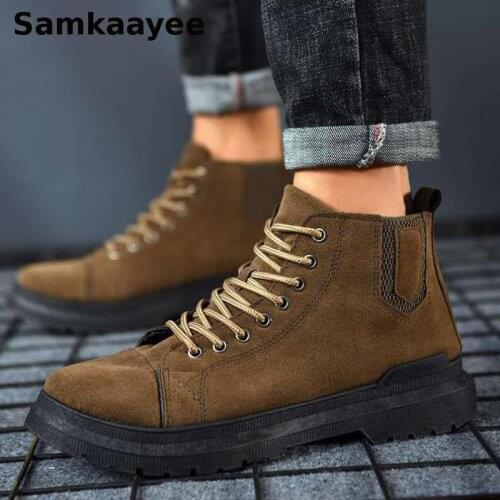 Size 39-44 Men Boots Spring Autumn Martin Botas Male Ankle Booties Motorcycle Shoes Solid Lace-Up Thick Bottom Zapatillas y26