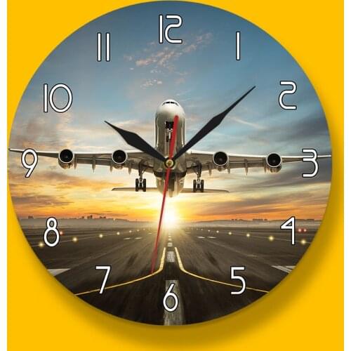 Commercial Jetliner Plane Modern Home Decoration Acrylic Printed Wall Clock Airplane Taking of Runway With Sunset Light View