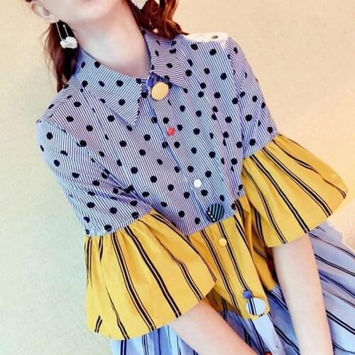 Stripe Broadcloth Long Shirt for Women 2021 New Summer Half Flare Sleeve Plus Size Loose Lapel Patchwork Lady Shirts Casual 4XL