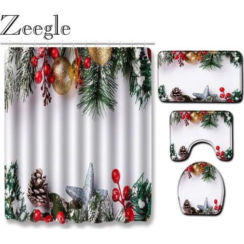 Christmas Bath Curtain Waterproof Shower Curtain Anti-slip Bathroom Carpet Set Absorbent Bathroom Toilet Pedestal Rug Foot Mat