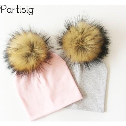Autumn Winter Boy Girl Faux Raccoon Fur Cotton Kids Caps Baby Beanie Hats With Pompon Childrens Accessories