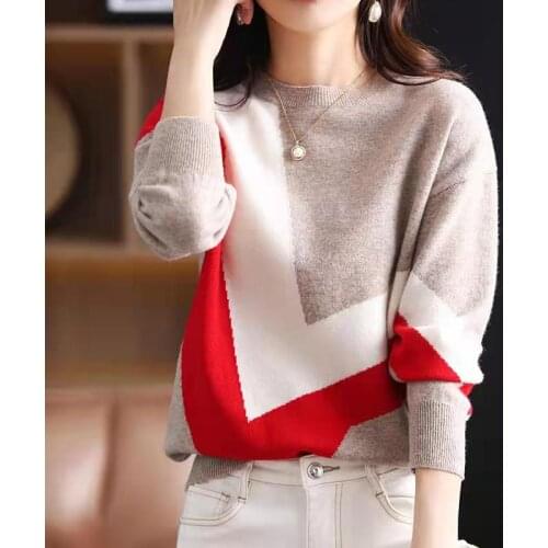 Snaoutofit Autumn Winter Pure Wool Sweater Women High Sense Of Color Matching Casual Temperament Loose Knitting Pullover Shirt