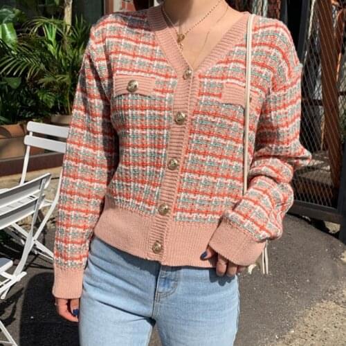 ZAWFL V-Neck Long Sleeves 2021 Koren Style Early Autumn Hot Tops Vintage Plaid Color-Hit Knitted Sweaters