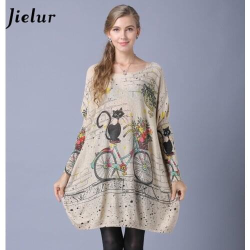 Jielur Winter New Slash Neck Women Sweaters and Pullovers Cute Cartoon Cat Printed Ladys Sweater Long Sleeve Knitwear 3 Colors