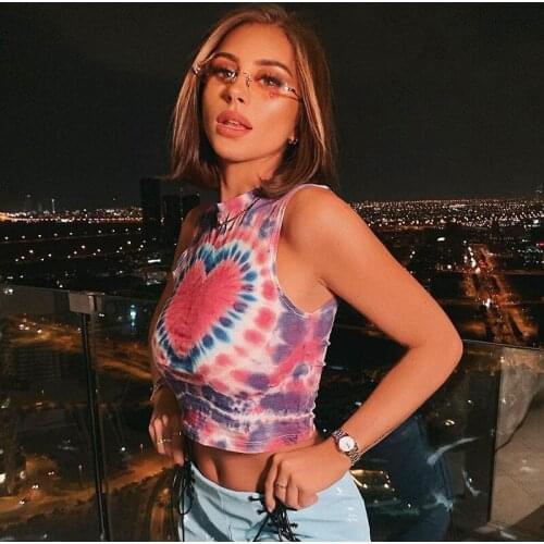 Spring Tie Dye Tank Top Women Street Style Casual Colorful Sweet Heart Short Sexy Tops for Women O-neck Sleeveless Navel Exposed