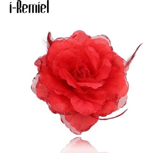 High-end Cloth Art Feather Flower Brooch Pin Handmade Fabric Brooches for Women Fashion Corsage Wedding Clothing & Accessories
