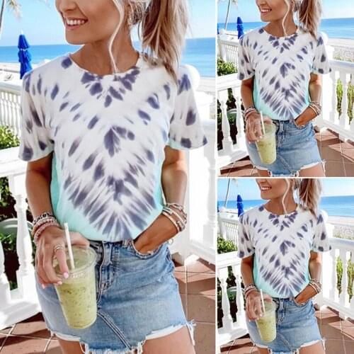Womens Summer Loose Round Neck Short Sleeve Positioning Printing T-Shirt Top Blue
