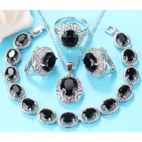 2020 New Trendy Silver 925 Big Jewelry Sets For Women Costume Black Cubic Zirconia Clip Earrings Necklace Bracelet And Ring Sets