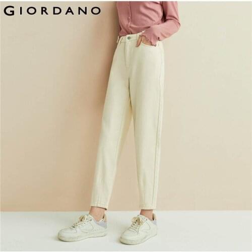 Giordano Women Pants Pleated Middle Rise Denim Pants Multi-Pocket Soild Color Casual Denim Pants 05411080